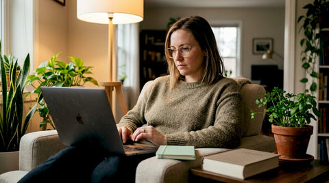 En kvinne sitter foran laptopen og leser seg opp på kosttilskudd, på jakt etter informasjon som kan hjelpe henne å ta gode valg.