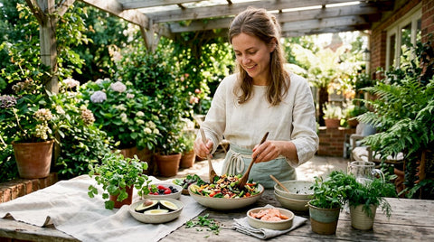 Ernæringsfysiologen lager en frisk og sunn salat på kjøkkenet.